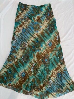 Y2K slik flared midi skirt with embellishments